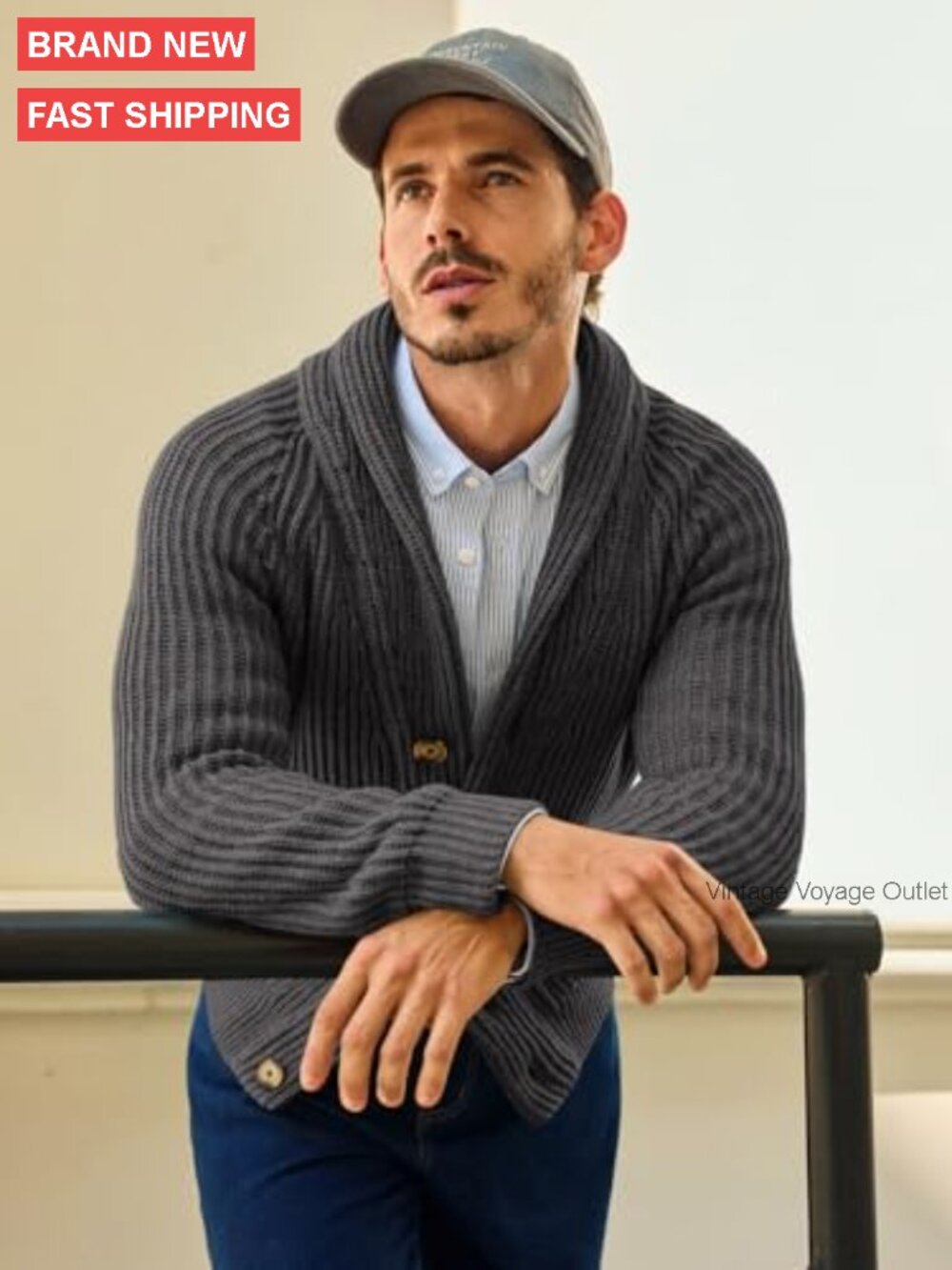 Men's Cable Knit Shawl Collar Cardigan Sweater with Pockets - Picture 3 of 7